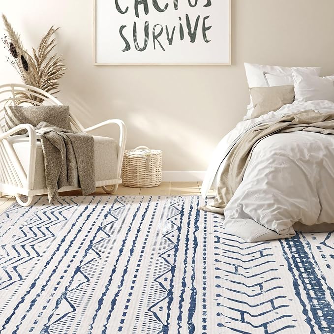 Nakagishi Boho 5x7 Area Rug Living Room Rugs Machine Washable Navy Blue | Soft - Image 6