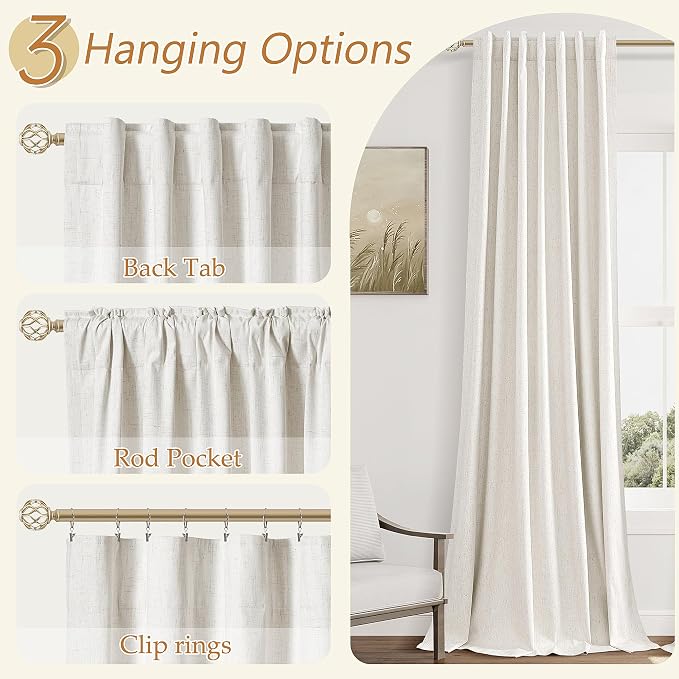 Beige White 100% Blackout Linen Curtains 96 Inch Length 2 Panels Set - Image 6