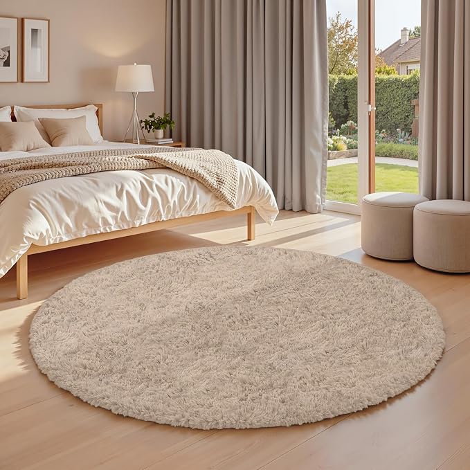 Beige Round Fluffy Rug 6ft Plush Fuzzy Shaggy Carpet | Soft Rugs - Image 3