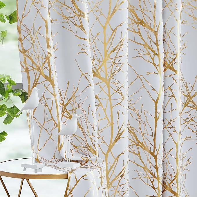 FMFUNCTEX 100% Blackout Ivory Gold Foil Tree Curtains 84 Inch 2 Panels | by Fmfunctex
