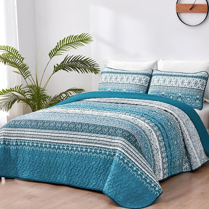 WONGS BEDDING Boho Quilt Set Full, Teal Blue Bohemian Quilt Bedding Set - Image 2
