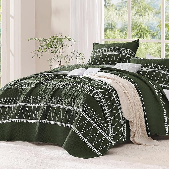 Green California King Quilt Set, 3 Pieces Boho Striped Bedspread | Soft by Andency