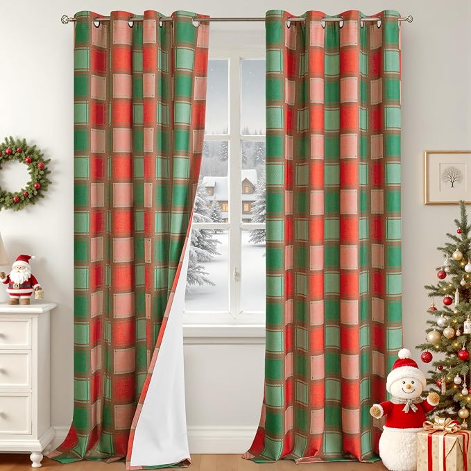 Red Green Plaid Blackout Curtains 96 Inch Long, 52 Wide 2 Panels | Linen by Lajode