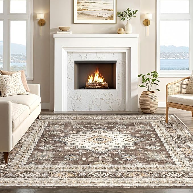 cotiled 9x9 Area Rug for Living Room, Traditional, Dark Brown | Soft Distressed - Image 5