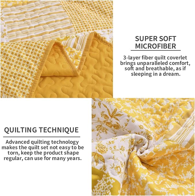 Mybedsoul Yellow Boho Quilt Set Twin Size Dorm Bedding, 2 Pieces Plaid Floral - Image 3