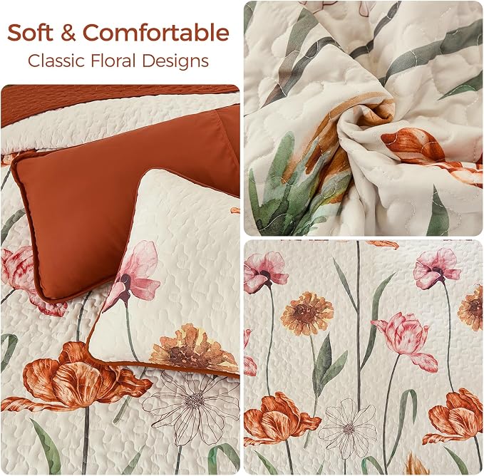 WONGS BEDDING Thanksgiving Quilt Set Queen, Shabby Chic Terracotta Cream Floral - Image 5