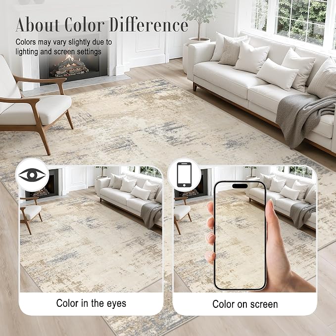 Area Rug Living Room: 5x5 Modern Washable Soft Carpet Beige Brown | - Image 4