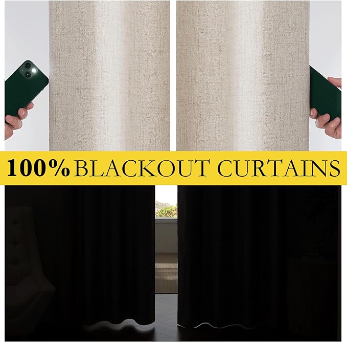 NICETOWN Oatmeal Thick Linen Blend 100% Blackout Curtains 63" Long 2 Panels Set - Image 3