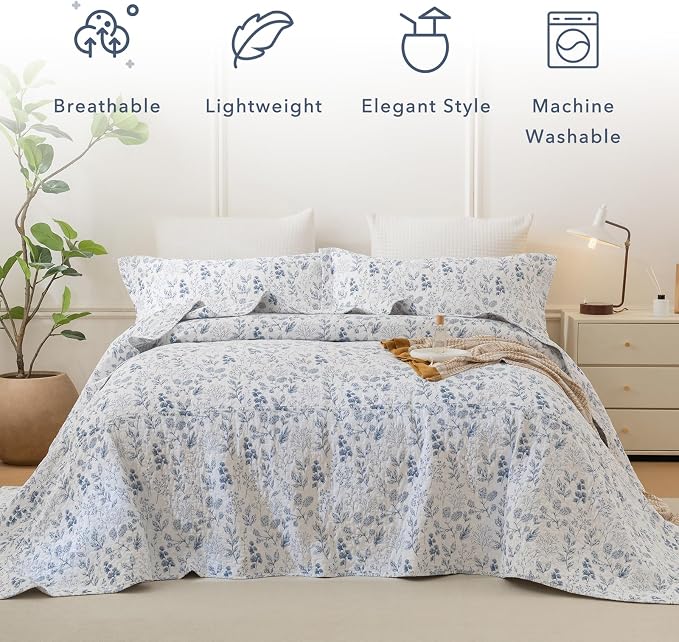 QSH Oversized King Quilt Bedspreads Set, 100% Cotton Blue & White Floral Leaves - Image 8