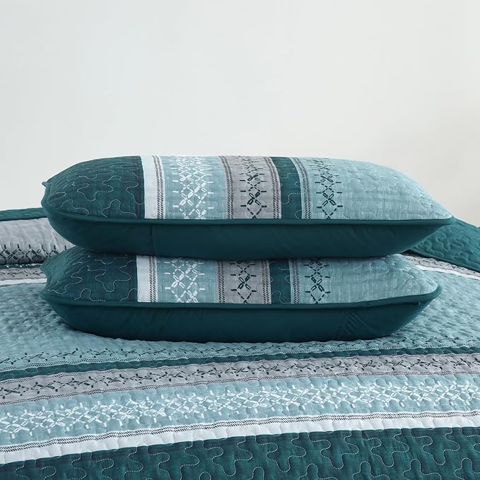 Cottolester Teal Quilt Set Queen Size, Soft Striped Texture Quilt Set 3 Pcs | - Image 8
