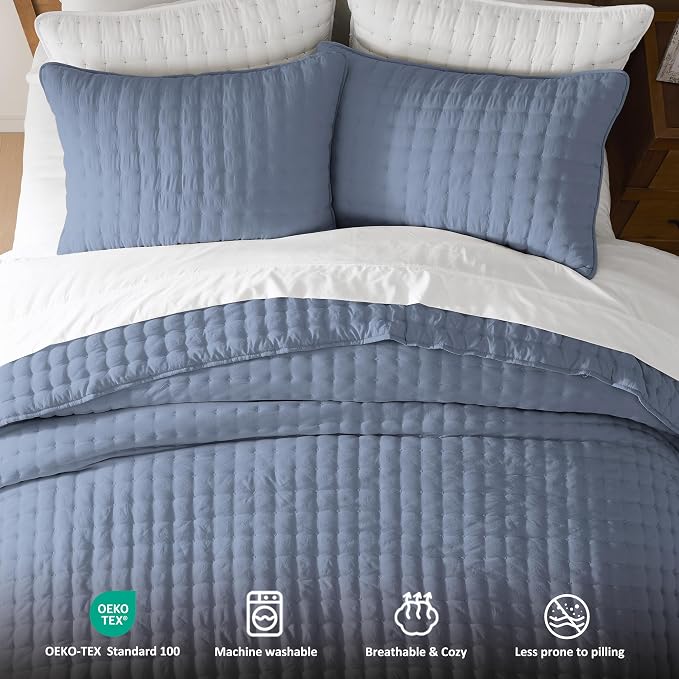 WDCOZY Dusty Blue Cloud Quilt Set King Size, Lightweight Soft Cross Stitch - Image 7