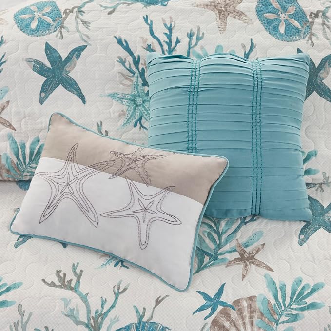 Madison Park Cotton Coastal Starfish Aqua Queen Quilt Set, Down Alternative - Image 3