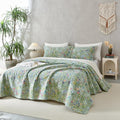 QSH 100% Cotton Quilt Queen Size Bedding Set 3Pcs Green Floral Quilt Set Summer by QSH