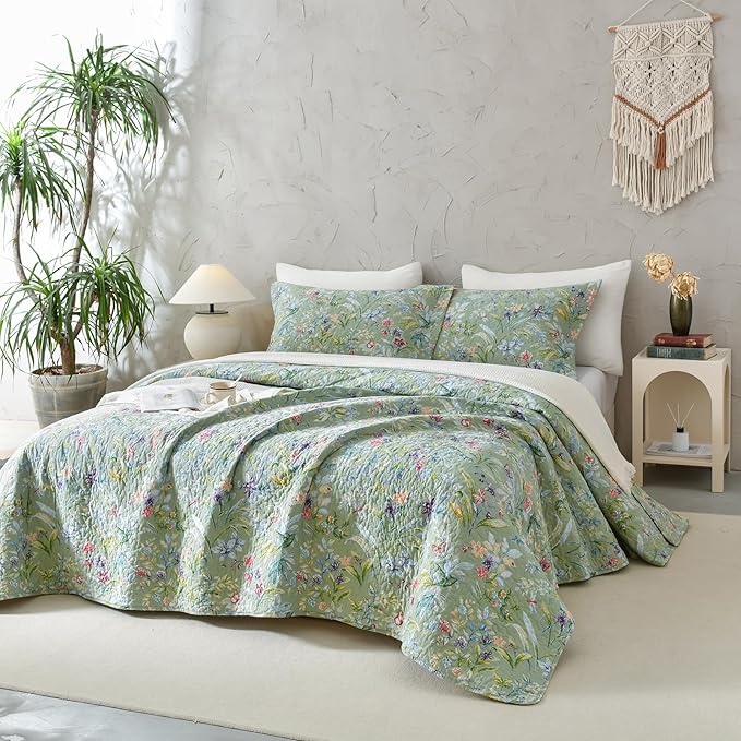 QSH 3Pcs Oversized King Bedspread Set, 100% Cotton Green Floral Quilt Bedding by QSH
