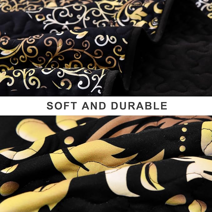 DJY Black Quilt Set California King Size 3Pcs, Boho Gold Damask Bedspread | - Image 5