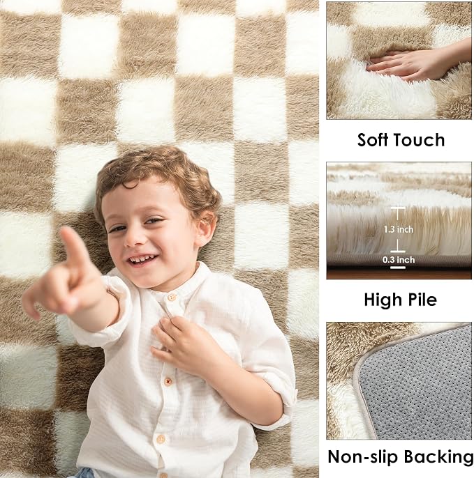 KICMOR 3x5 Rugs for Bedroom Bedside, Soft Fluffy Checkered Shag Area Rug Small - Image 2