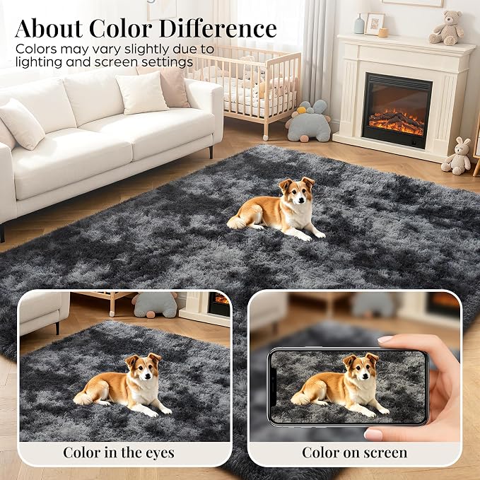 PLHXFR 4x6 Area Rugs Living Room: Fluffy Bedroom Soft Shag Rug Black Grey | - Image 7