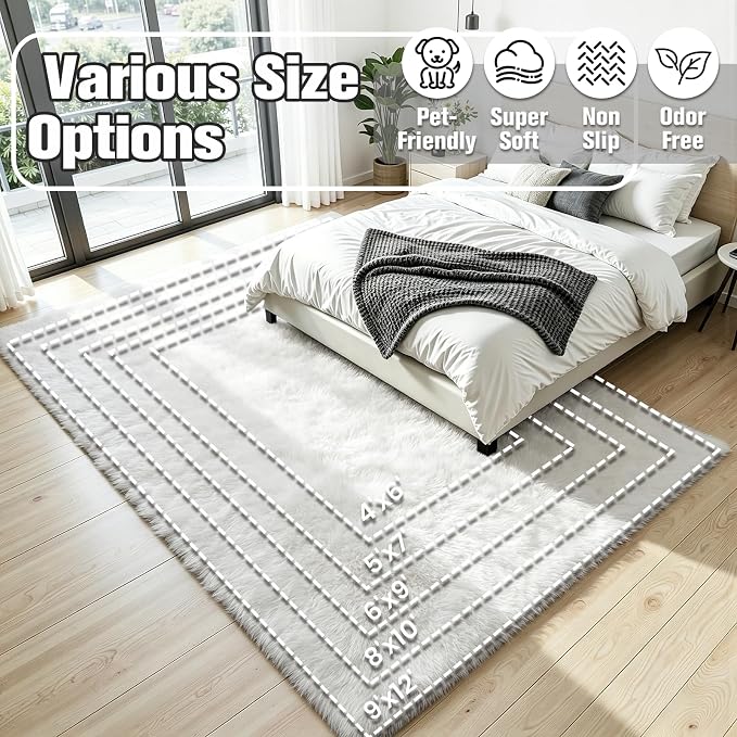 9x12 Fluffy Area Rug for Living Room: Soft Non-Slip White Bedroom Carpet | - Image 8