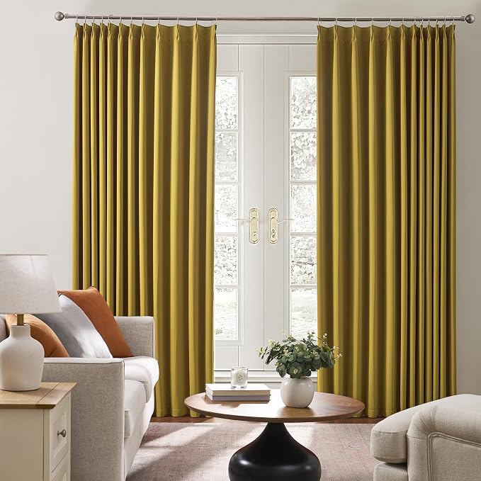 Yellow Pinch Pleated Curtains 63 Inch Length 2 Panels Set Noise Cancelling - Image 4