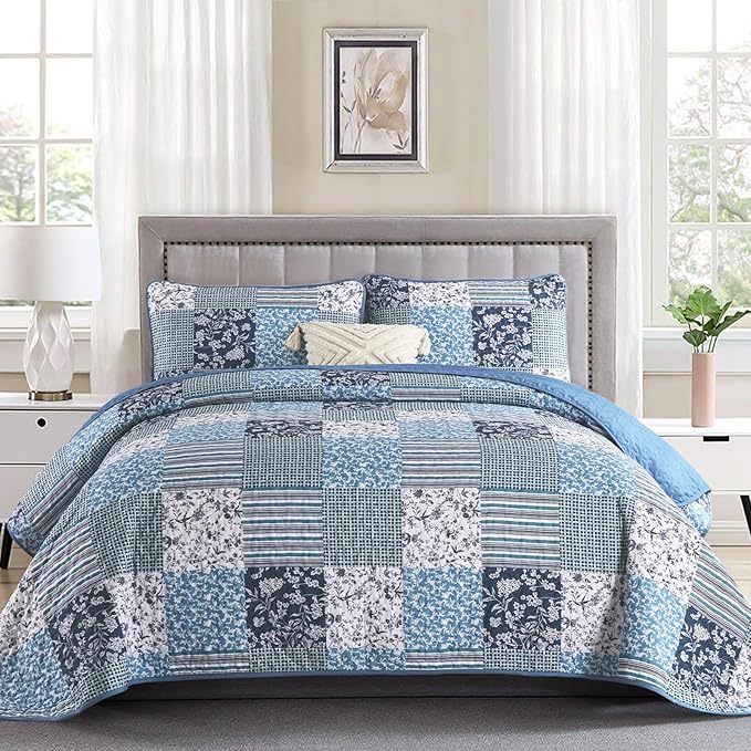 Mybedsoul Navy Blue Quilt Set Queen Size, 3 Pieces Plaid Floral Bedspread Set by Mybedsoul