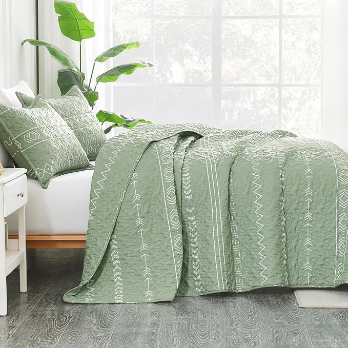 Sage Green Twin Quilt Set, 2 Pieces Boho Striped Bedspread | Soft Sage Green - Image 3