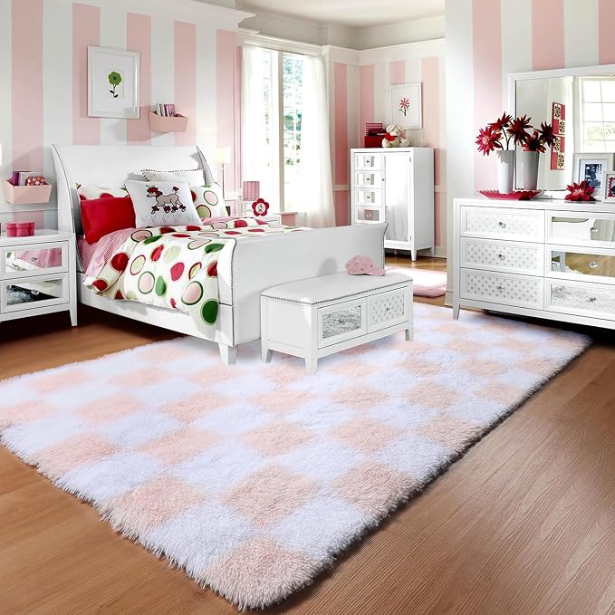 KICMOR 5x8 Area Rugs for Living Room, Light Pink and White Fluffy Shag Large - Image 9