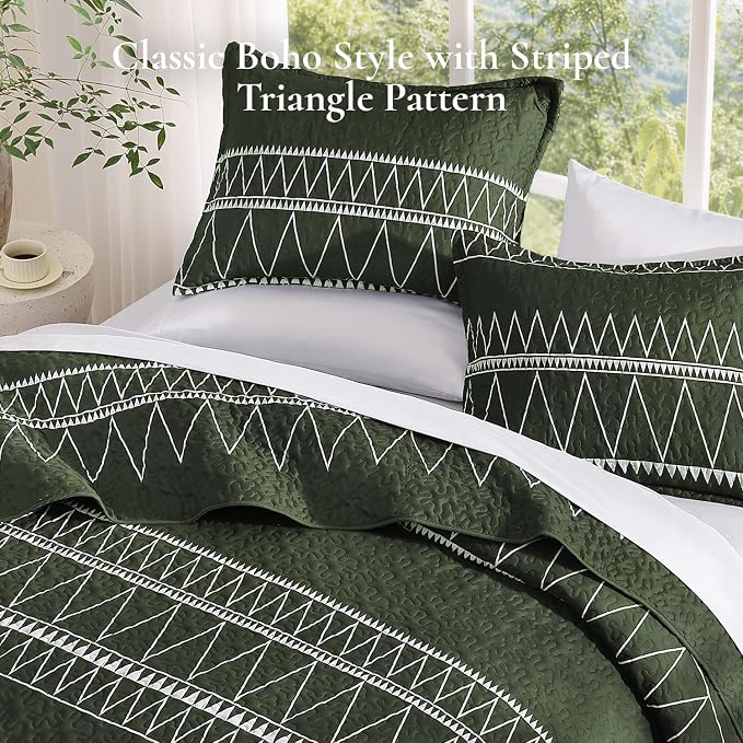 Green California King Quilt Set, 3 Pieces Boho Striped Bedspread | Soft - Image 4