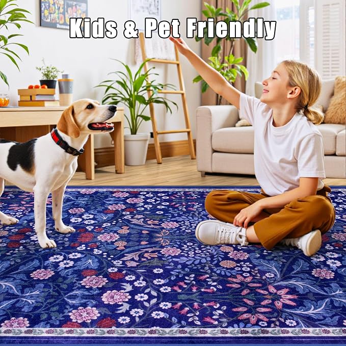 PLHXFR Area Rug Living Room: 4x6 Floral Washable Boho Soft Carpet Blue | - Image 7