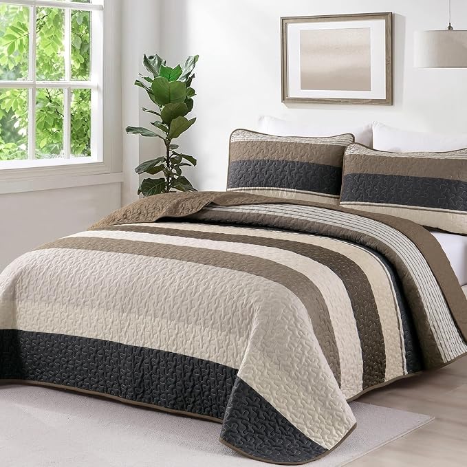 Dinjoy Queen Boho Striped Quilt Set, Balck White Lightweight Bedspread | Soft by DINJOY