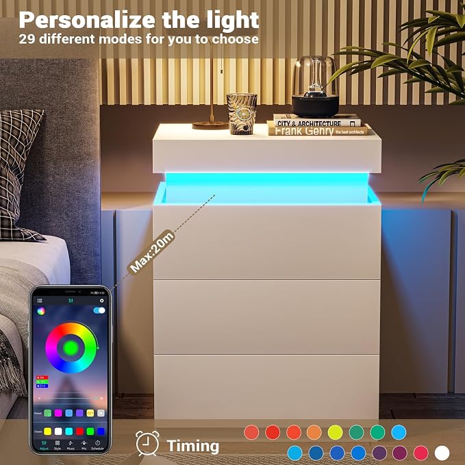 ADORNEVE White Nightstand with Charging Station and LED Lights | Modern Night - Image 5