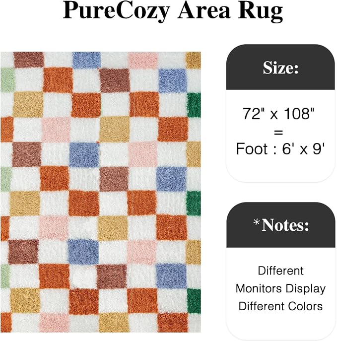 Colorful Area Rug 6x9 for Living Room Soft Checkered Shag Carpet | Machine - Image 3
