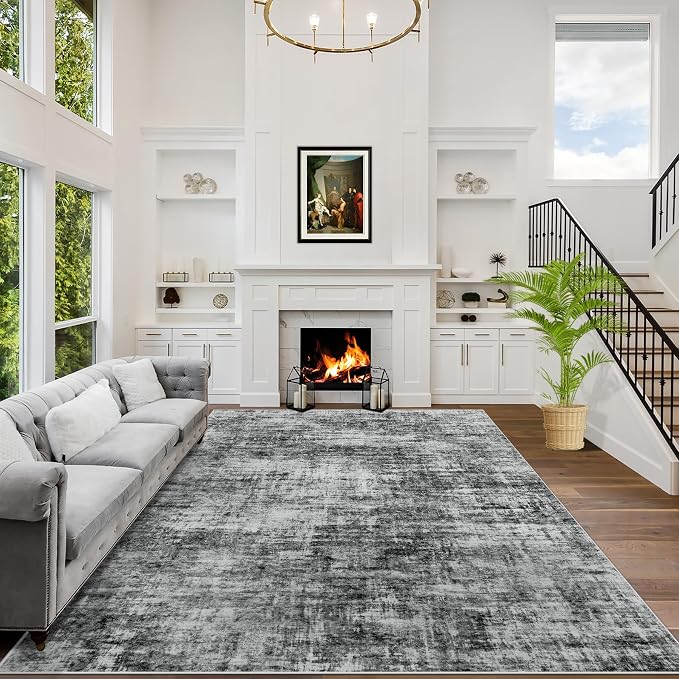 6x9 Area Rugs for Living Room: Washable Abstract Black Badroom Carpet | by GENTDRIZZ