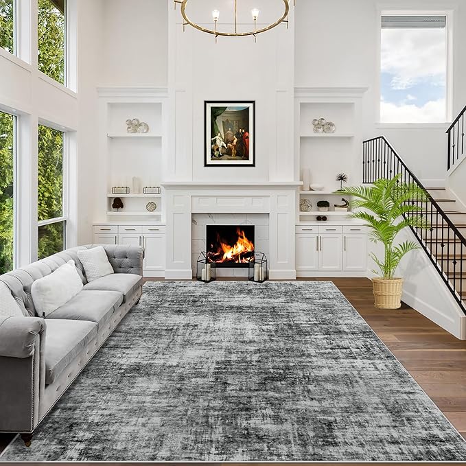 10x14 Area Rugs for Living Room: Washable Abstract Black Badroom Carpet | by GENTDRIZZ
