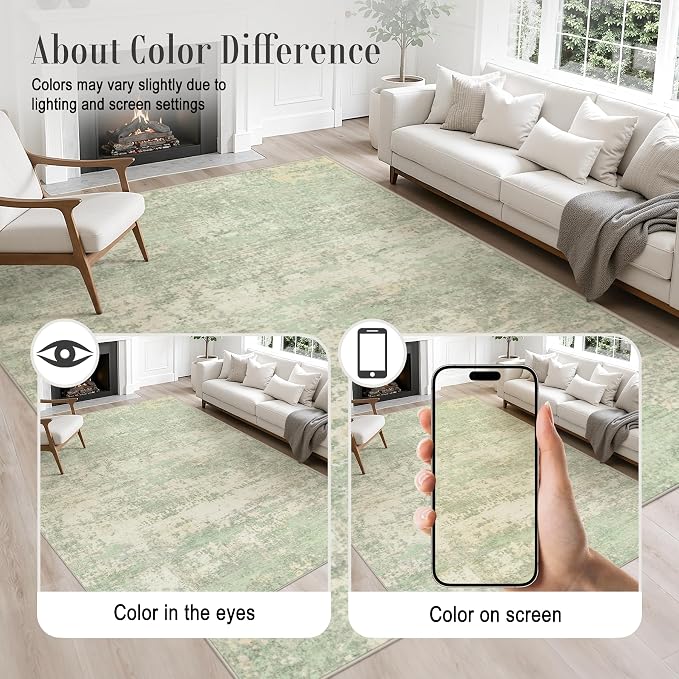 Area Rug Living Room: 4x4 Modern Washable Soft Carpet Green Cream | - Image 4