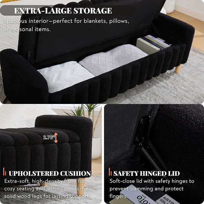 63.4" Cute Teddy Fabric Ribbed King Size End of Bed Bench. | Entryway Ottoman - Image 3