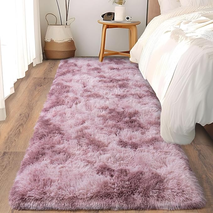 Soft Runner Rugs for Bedroom Hallways 2x6 Tie-Dyed Grey Purple | Fluffy Shag - Image 4
