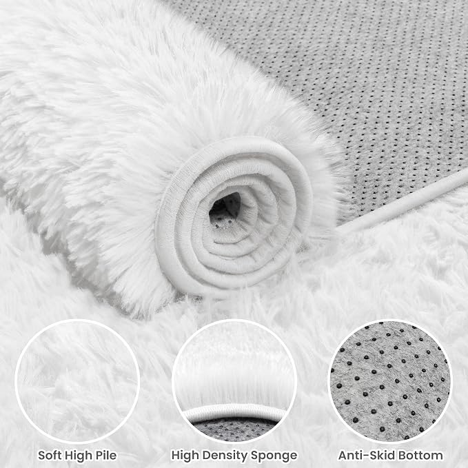 5x7 Fluffy Shag Area Rugs for Living Room Bedroom: Soft Plush Carpet White | - Image 5