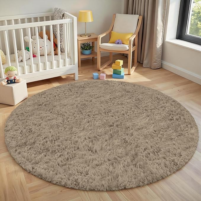 Grey Camel Round Fluffy Rug 5ft Plush Fuzzy Shaggy Carpet | Soft Rugs - Image 8