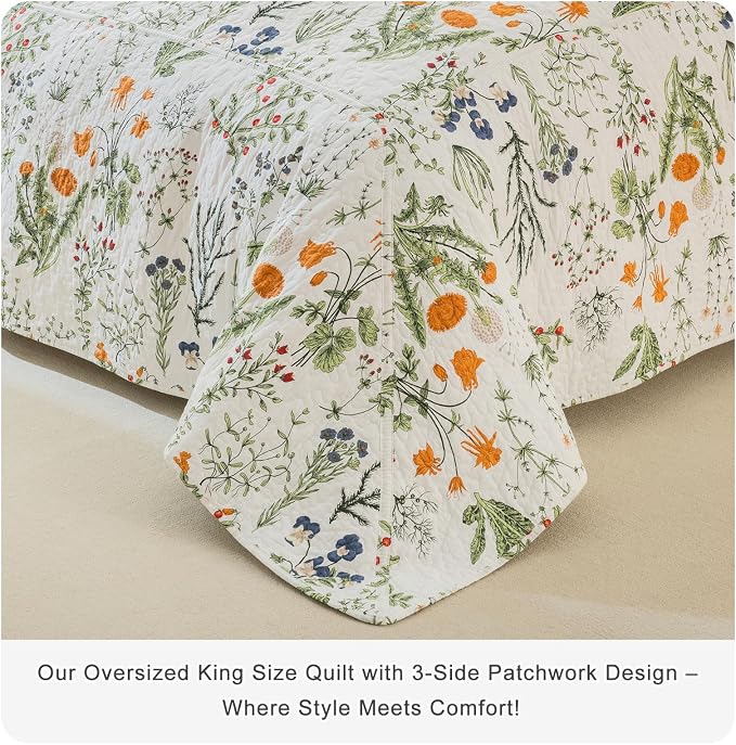 QSH 100% Cotton Floral Quilt Oversized Queen Set- 3Pcs Yellow Flowers Leaves - Image 3