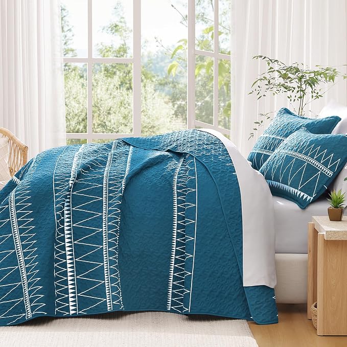 Teal King Size Quilt Set, 3 Pieces Boho Striped Bedspread | Soft Lightweight - Image 7