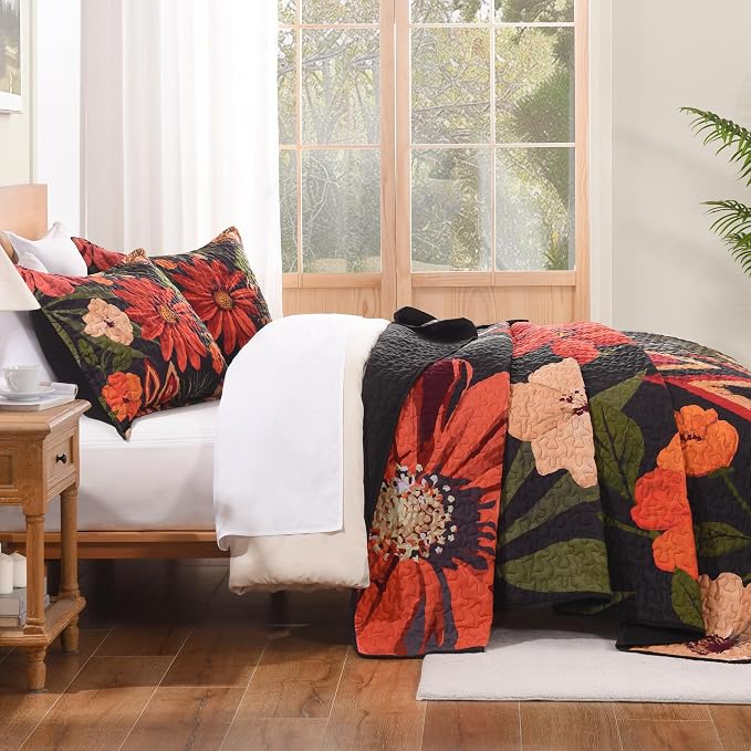 California King Quilt, Cal King Oversized Black Floral Bedspread | 3 Pieces Red - Image 3