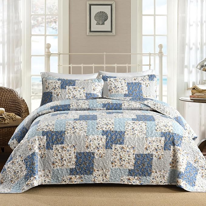 Mybedsoul Light Blue Quilt Set King Size, 3 Pieces Boho Plaid Floral Bedspread by Mybedsoul