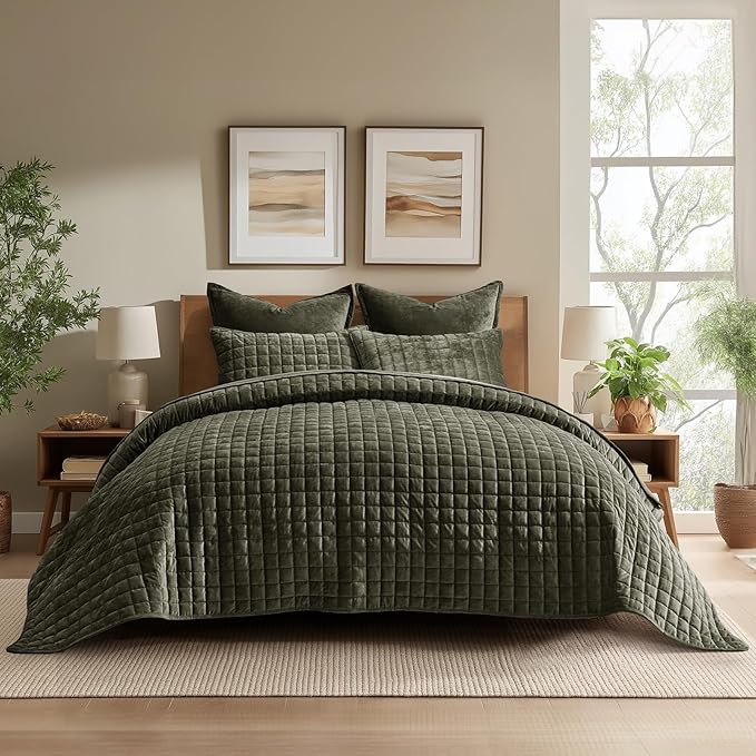 RECYCO Channel Box Stitch Velvet Quilt Set, Twin/Twin XL Size, Olive Green | - Image 2