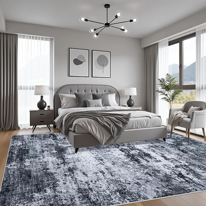 Area Rug Living Room: 8x8 Modern Washable Indoor Carpet Black | - Image 3