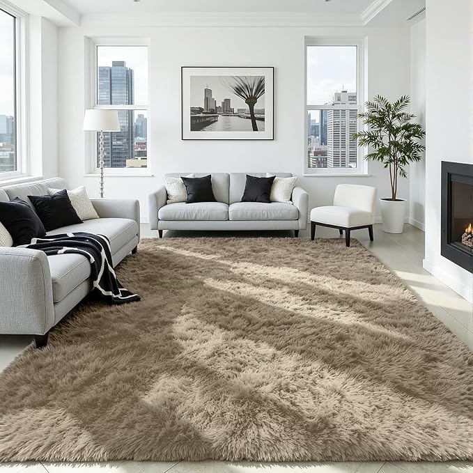 5x7 Fluffy Area Rug for Living Room: Non-Slip Grey Camel Bedroom Carpet | Ultra - Image 2