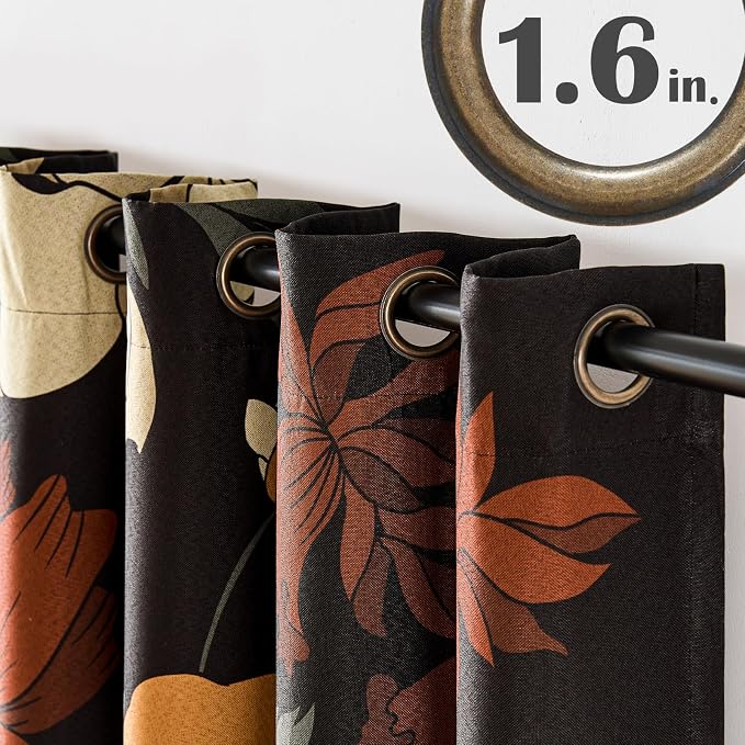 jinchan Black Boho Floral Blackout Curtains 108 Inch Grommet 2 Panels | Room - Image 7