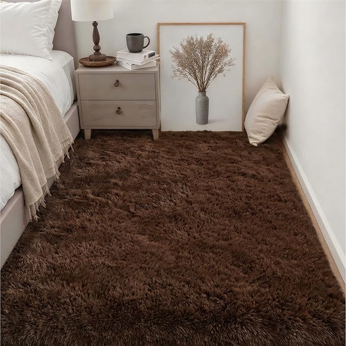 Area Rug Living Room Bedroom: 6x9 Fluffy Plush Shag Carpet Brown | - Image 3