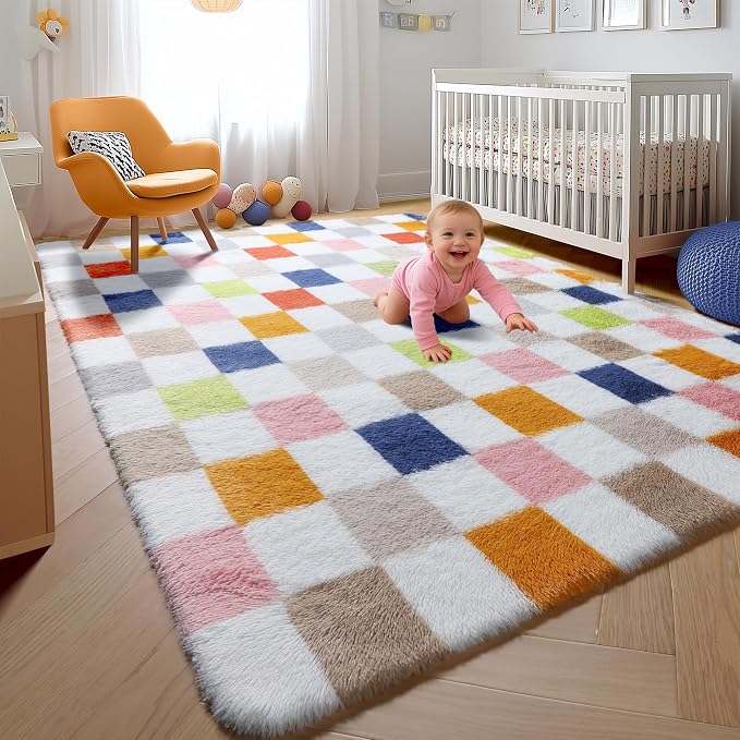 KICMOR Rugs for Living Room 5x7, Fluffy Soft Colorful Checkered Shag Area Rug - Image 5