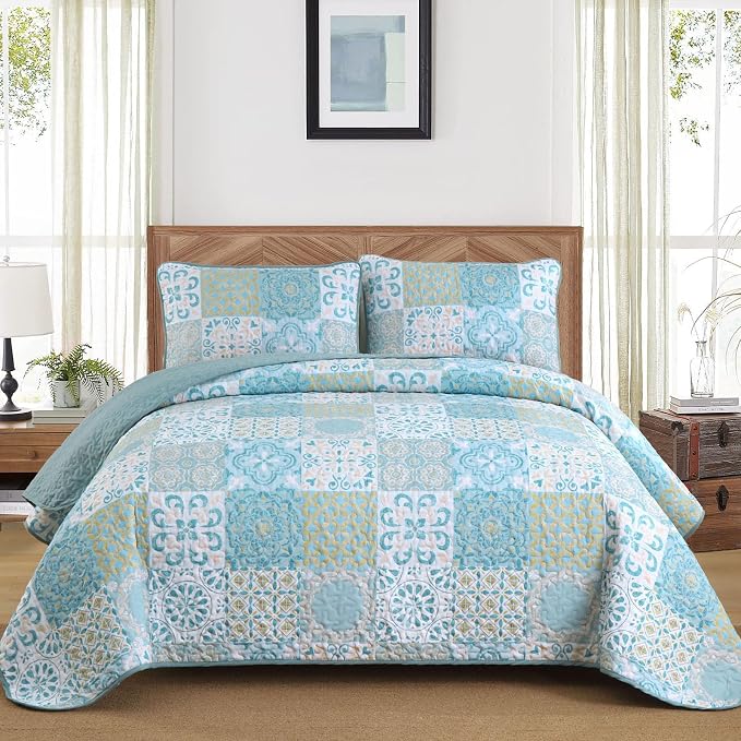 Dobuyly Queen Quilt Set Aqua Blue Patchwork Bedspread 3 Piece | Vintage Floral - Image 2