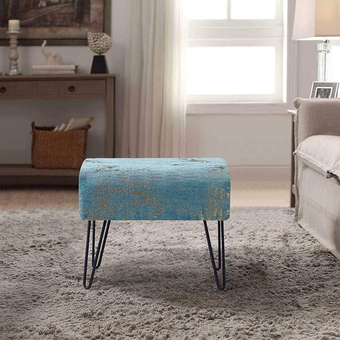Home Soft Things Blue Jacquard Chenille Ottoman, Kasula-Turquoise, Fuzzy Entry - Image 4